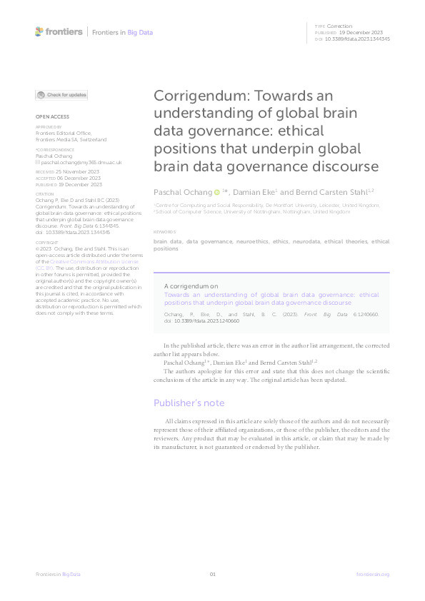 Corrigendum: Towards an understanding of global brain data governance: ethical positions that underpin global brain data governance discourse Thumbnail