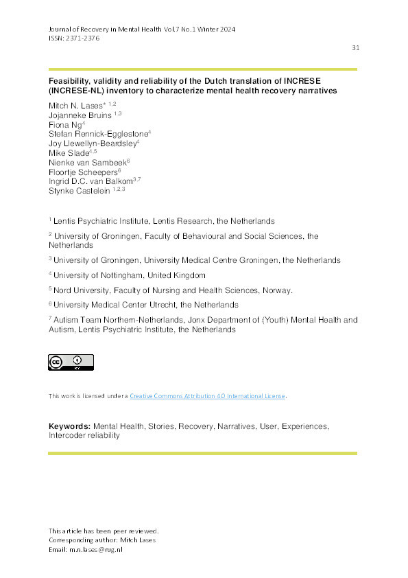 Feasibility, validity and reliability of the Dutch translation of INCRESE (INCRESE-NL) inventory to characterize mental health recovery narratives Thumbnail