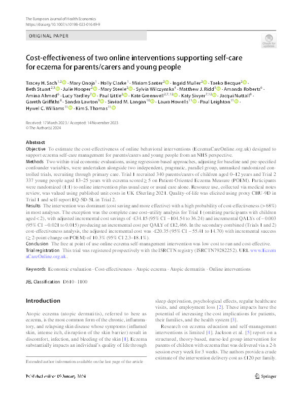 Cost-effectiveness of two online interventions supporting self-care for eczema for parents/carers and young people Thumbnail