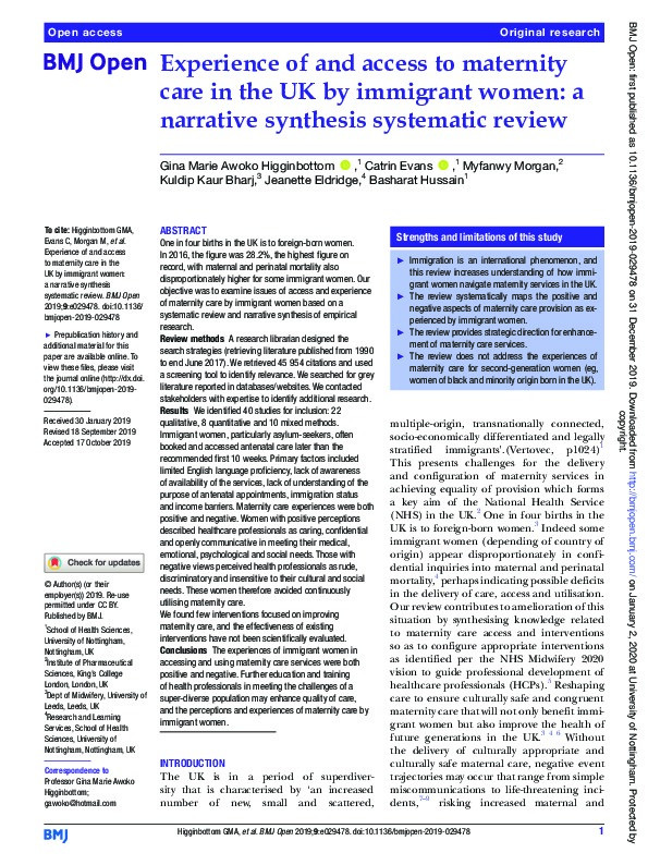 Experience of and access to maternity care in the UK by immigrant women: a narrative synthesis systematic review Thumbnail