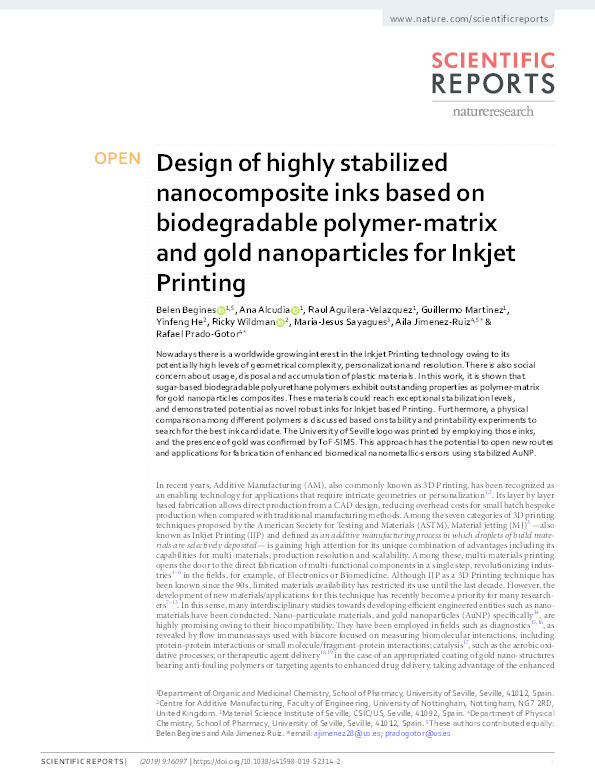 Design of highly stabilized nanocomposite inks based on biodegradable polymer-matrix and gold nanoparticles for Inkjet Printing Thumbnail