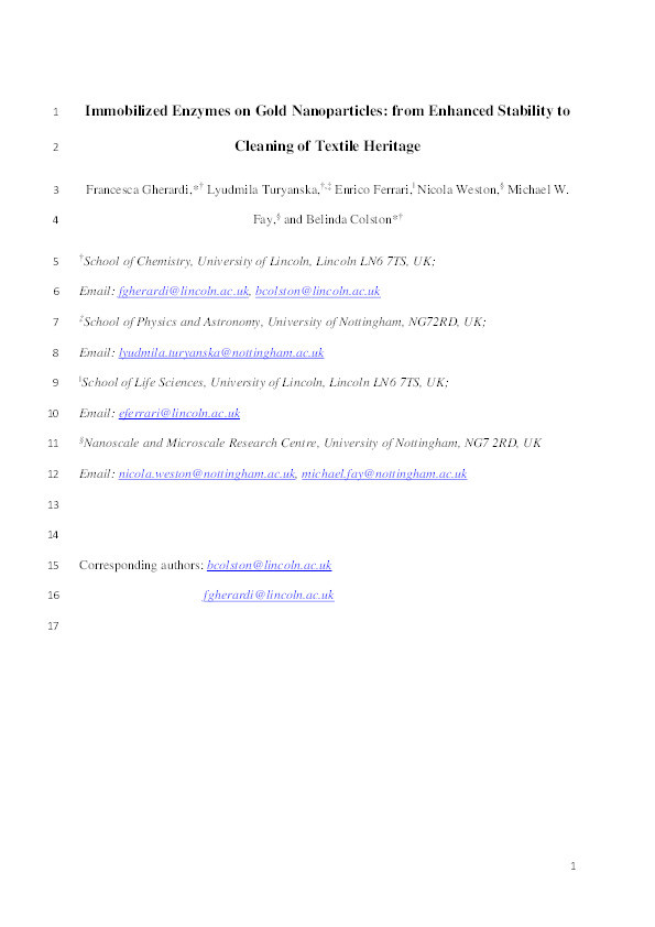 Immobilized Enzymes on Gold Nanoparticles: From Enhanced Stability to Cleaning of Heritage Textiles Thumbnail