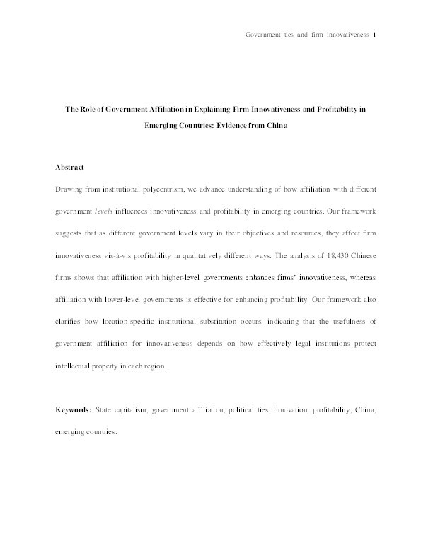 The Role of Government Affiliation in Explaining Firm Innovativeness and Profitability in Emerging Countries: Evidence from China Thumbnail