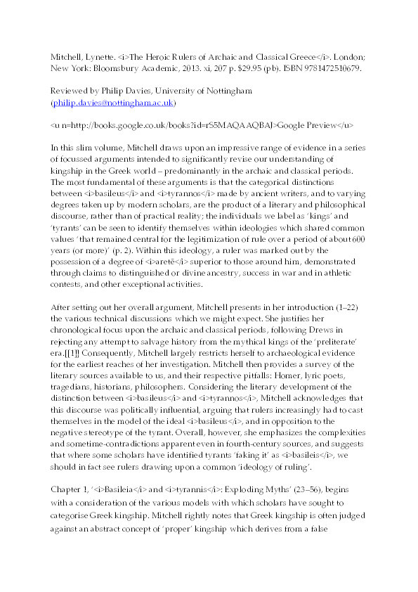 Lynette Mitchell, The Heroic Rulers of Archaic and Classical Greece.   London; New York:  Bloomsbury Academic, 2013.  Pp. xi, 207.  ISBN 9781472510679.  $29.95 (pb) Thumbnail