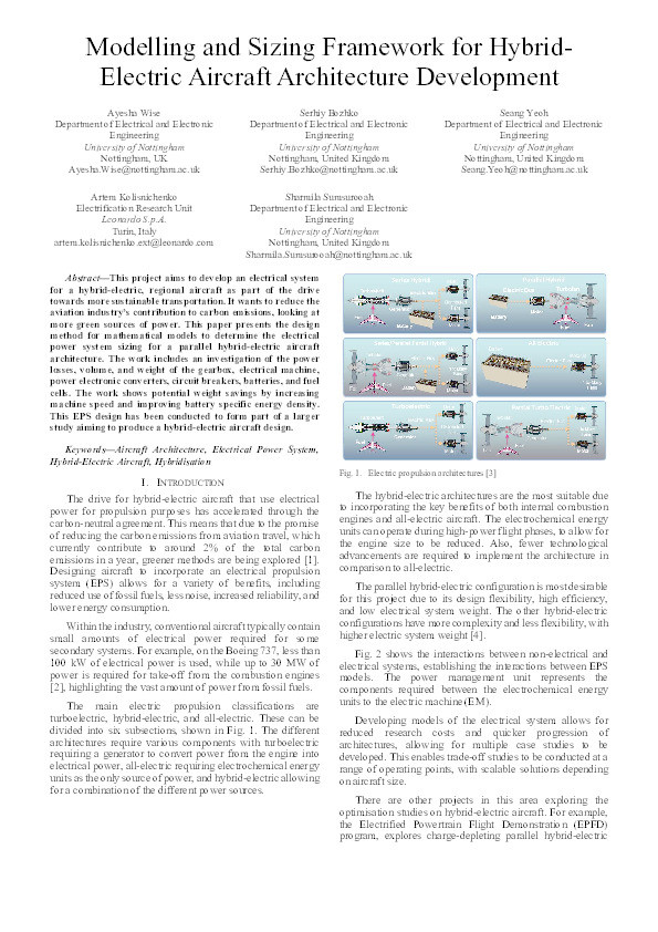 Modelling and Sizing Framework for Hybrid-Electric Aircraft Architecture Development Thumbnail