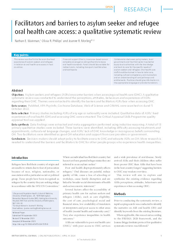 Facilitators and barriers to asylum seeker and refugee oral health care access: a qualitative systematic review Thumbnail