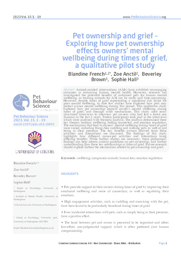 Pet ownership and grief - Exploring how pet ownership effects owners' mental wellbeing during times of grief, a qualitative pilot study Thumbnail