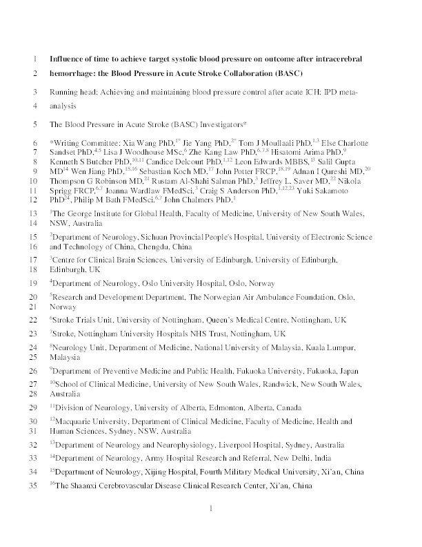 Influence of Time to Achieve Target Systolic Blood Pressure on Outcome after Intracerebral Hemorrhage: The Blood Pressure in Acute Stroke Collaboration Thumbnail