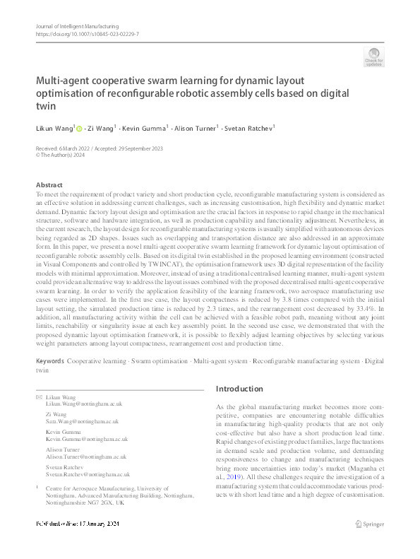 Multi-agent cooperative swarm learning for dynamic layout optimisation of reconfigurable robotic assembly cells based on digital twin Thumbnail