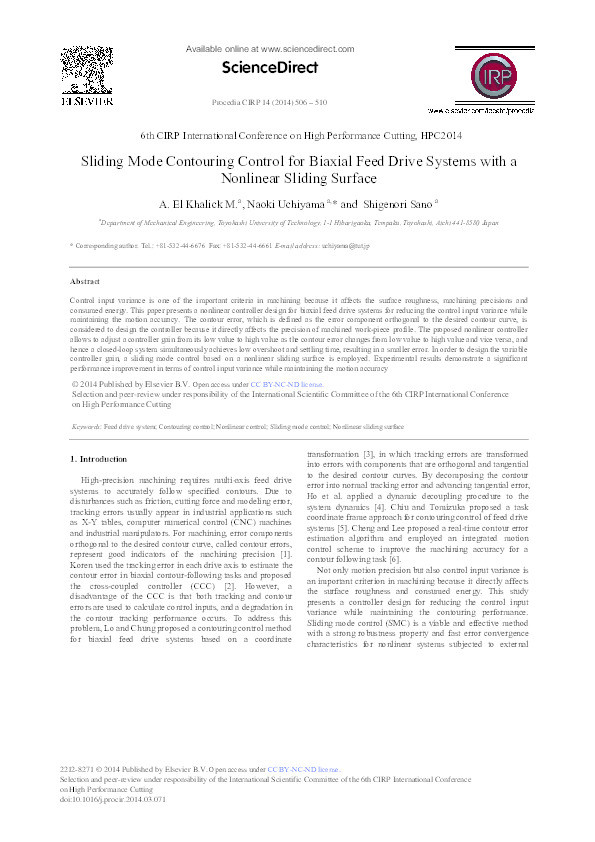 Sliding Mode Contouring Control for Biaxial Feed Drive Systems with a Nonlinear Sliding Surface Thumbnail