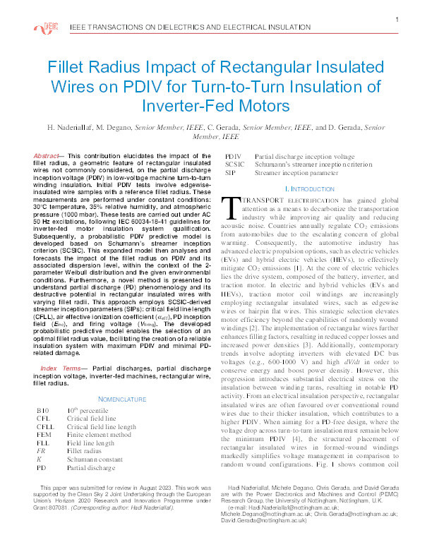 Fillet Radius Impact of Rectangular Insulated Wires on PDIV for Turn-to-Turn Insulation of Inverter-Fed Motors Thumbnail