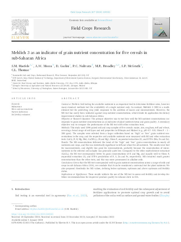 Mehlich 3 as an indicator of grain nutrient concentration for five cereals in sub-Saharan Africa Thumbnail