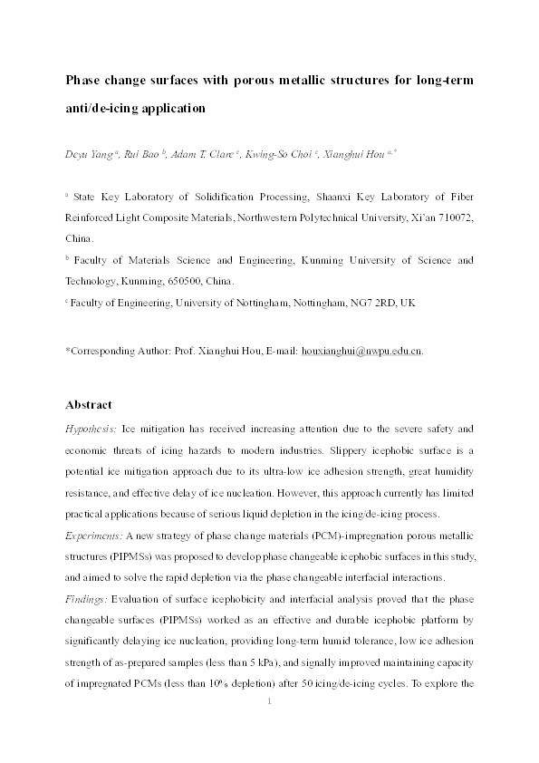 Phase change surfaces with porous metallic structures for long-term anti/de-icing application Thumbnail