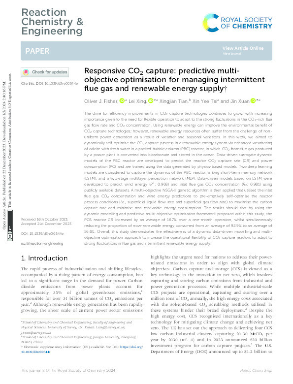 Responsive CO2 capture: predictive multi-objective optimisation for managing intermittent flue gas and renewable energy supply Thumbnail