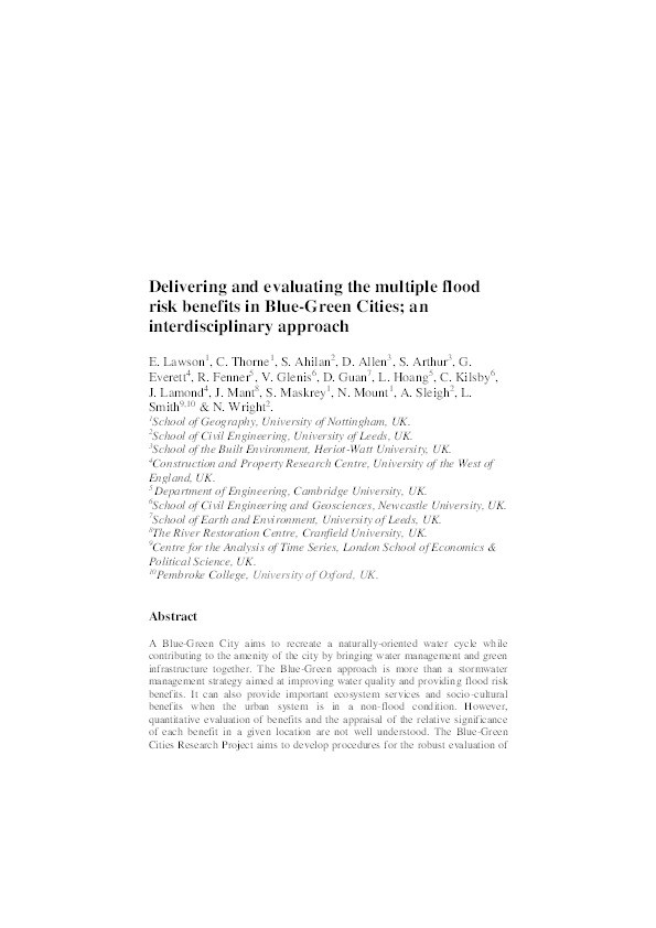 Delivering and evaluating the multiple flood risk benefits in Blue-Green Cities: an interdisciplinary approach Thumbnail