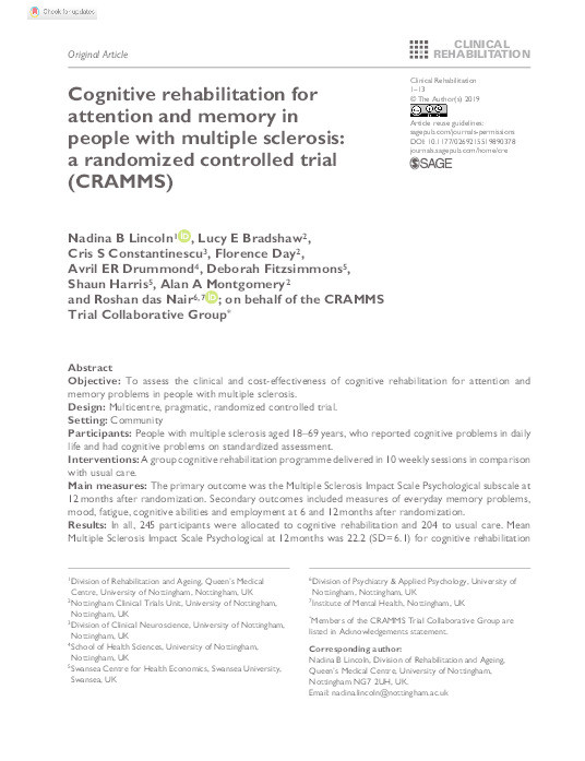 Cognitive rehabilitation for attention and memory in people with multiple sclerosis: a randomized controlled trial (CRAMMS) Thumbnail