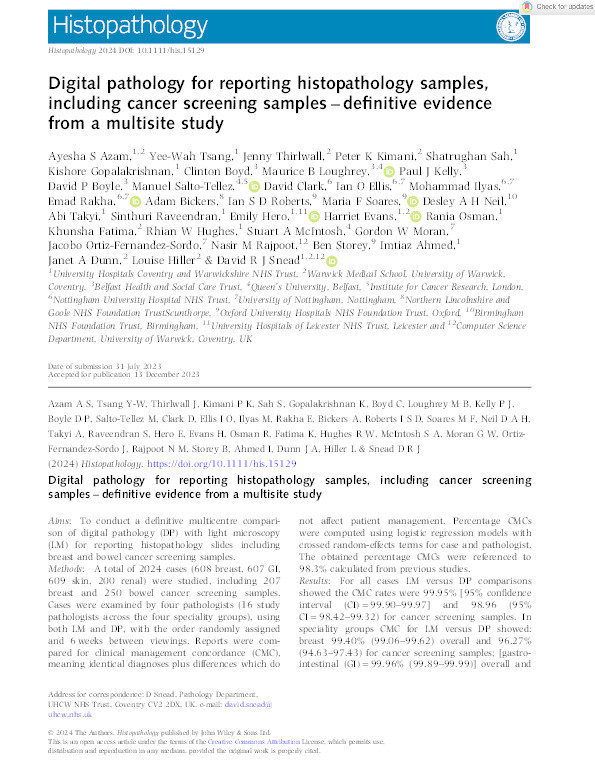 Digital pathology for reporting histopathology samples, including cancer screening samples – definitive evidence from a multisite study Thumbnail