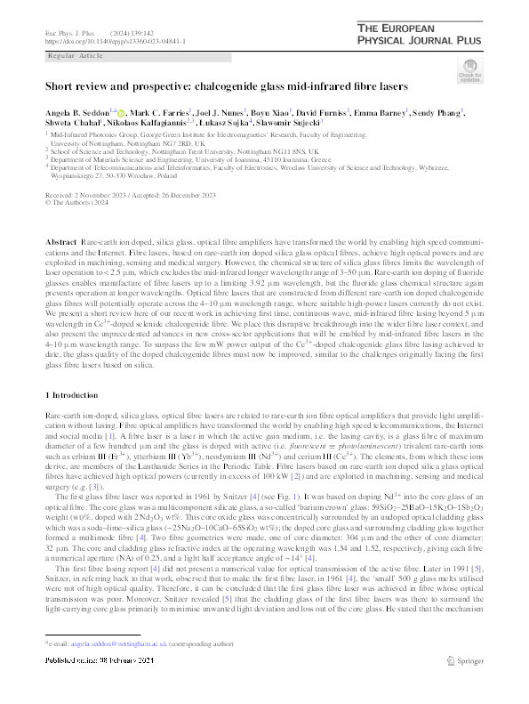 Short review and prospective: chalcogenide glass mid-infrared fibre lasers Thumbnail