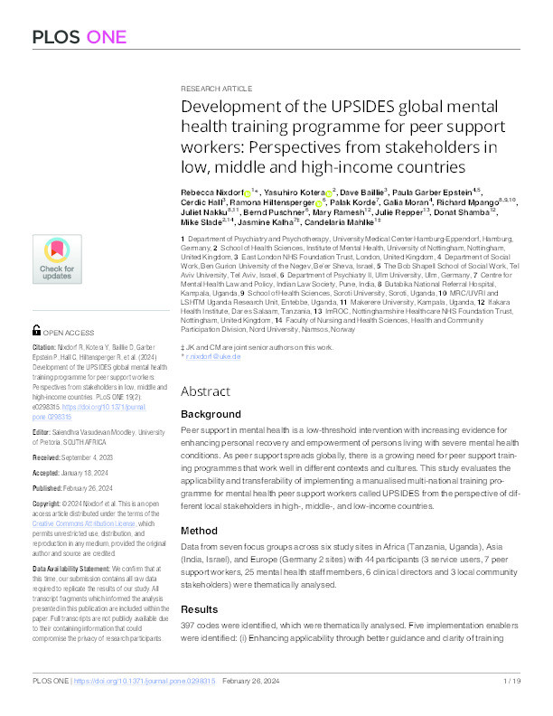 Development of the UPSIDES global mental health training programme for peer support workers: Perspectives from stakeholders in low, middle and high-income countries Thumbnail