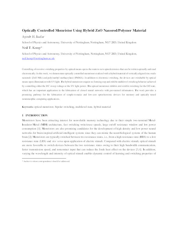 Optically Controlled Memristor Using Hybrid ZnO Nanorod/Polymer Material Thumbnail