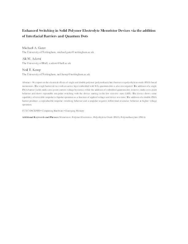 Enhanced Switching in Solid Polymer Electrolyte Memristor Devices via the addition of Interfacial Barriers and Quantum Dots Thumbnail