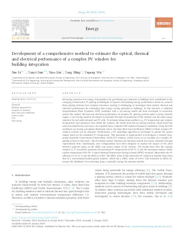 Development of a comprehensive method to estimate the optical, thermal and electrical performance of a complex PV window for building integration Thumbnail