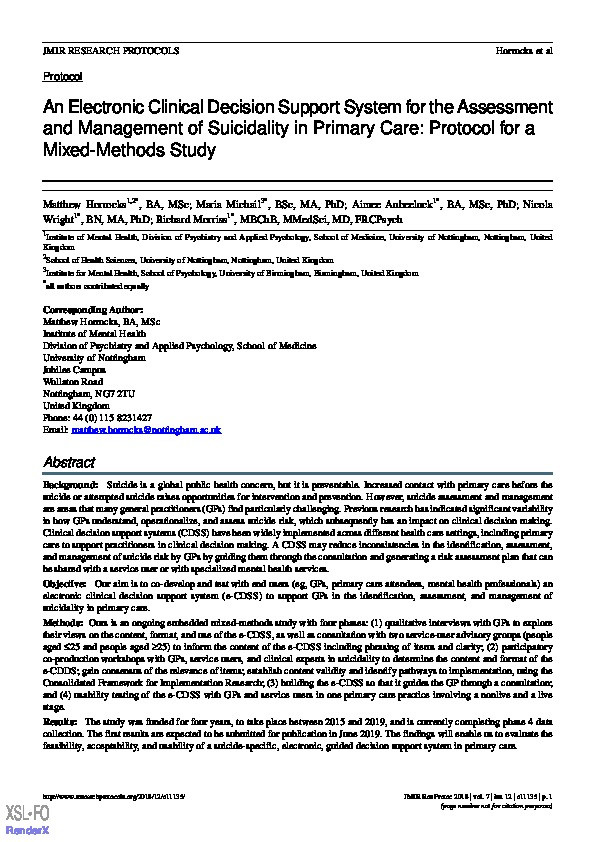 An Electronic Clinical Decision Support System for the Assessment and Management of Suicidality in Primary Care: Protocol for a Mixed-Methods Study Thumbnail