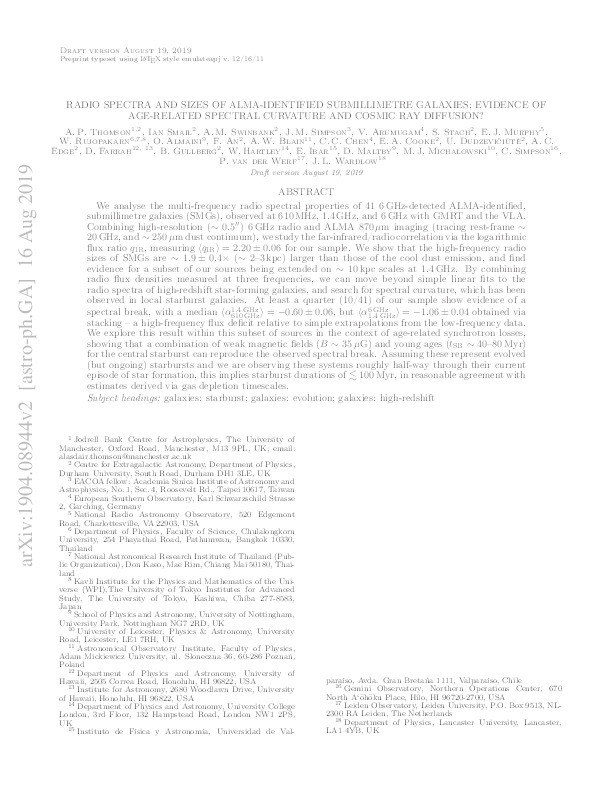 Radio Spectra and Sizes of Atacama Large Millimeter/submillimeter Array-identified Submillimeter Galaxies: Evidence of Age-related Spectral Curvature and Cosmic-Ray Diffusion? Thumbnail