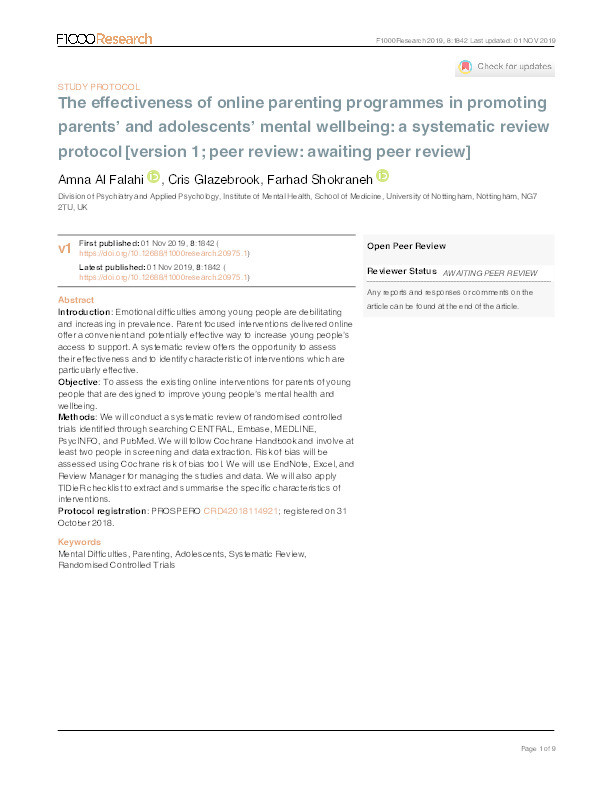 The effectiveness of online parenting programmes in promoting parents’ and adolescents’ mental wellbeing: a systematic review protocol Thumbnail