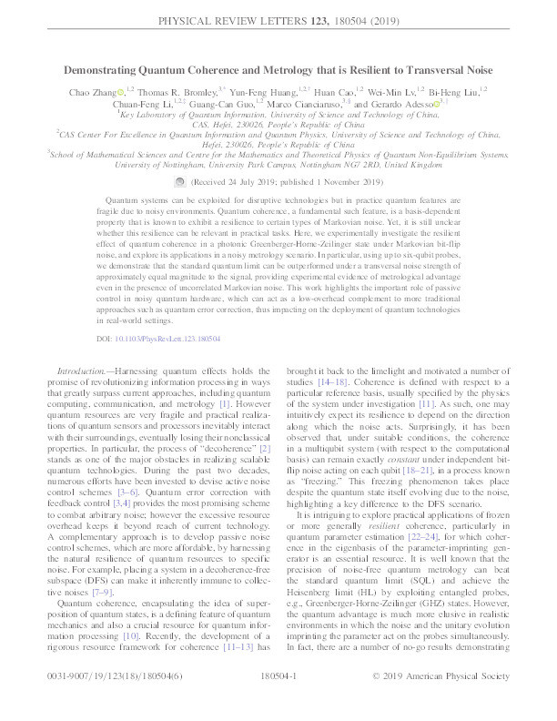 Demonstrating Quantum Coherence and Metrology that is Resilient to Transversal Noise Thumbnail