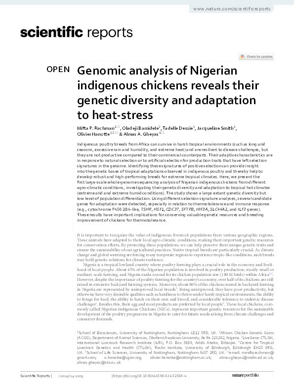 Genomic analysis of Nigerian indigenous chickens reveals their genetic diversity and adaptation to heat-stress Thumbnail