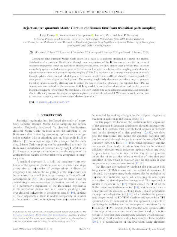 Rejection-free quantum Monte Carlo in continuous time from transition path sampling Thumbnail