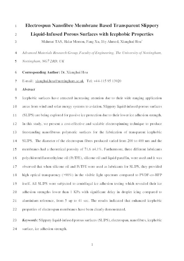 Electrospun nanofibre membrane based transparent slippery liquid-infused porous surfaces with icephobic properties Thumbnail