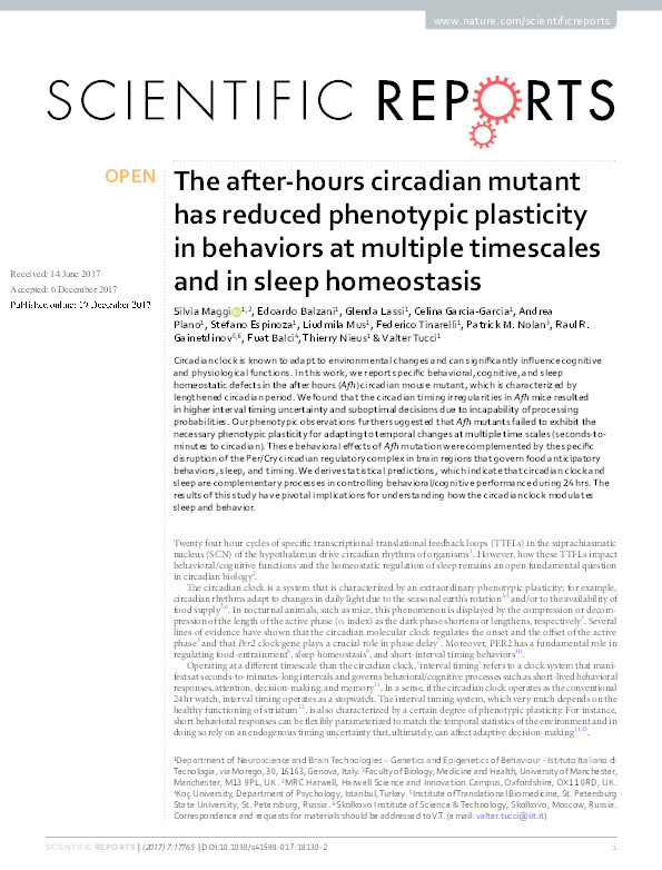 The after-hours circadian mutant has reduced phenotypic plasticity in behaviors at multiple timescales and in sleep homeostasis Thumbnail