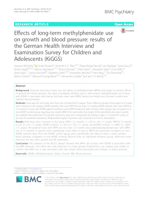 Effects of long-term methylphenidate use on growth and blood pressure: results of the German Health Interview and Examination Survey for Children and Adolescents (KiGGS) Thumbnail