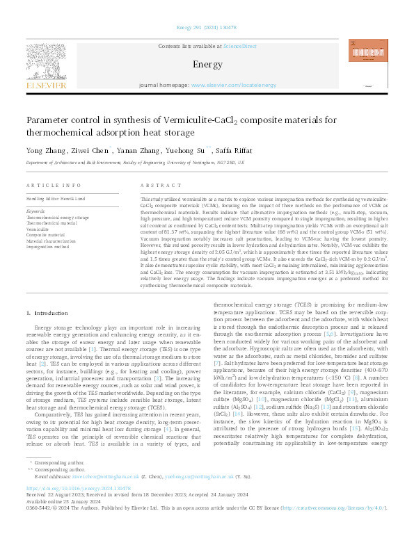 Parameter control in synthesis of Vermiculite-CaCl2 composite materials for thermochemical adsorption heat storage Thumbnail