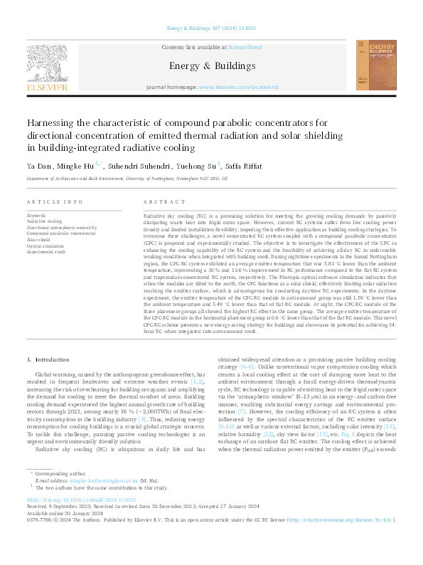 Harnessing the characteristic of compound parabolic concentrators for directional concentration of emitted thermal radiation and solar shielding in building-integrated radiative cooling Thumbnail