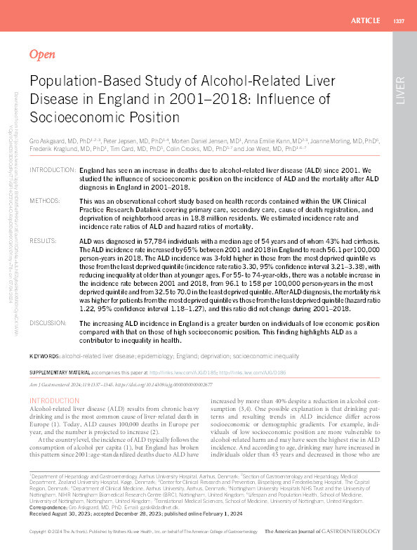 Population-based study of alcohol-related liver disease in England 2001-2018: Influence of socioeconomic position Thumbnail