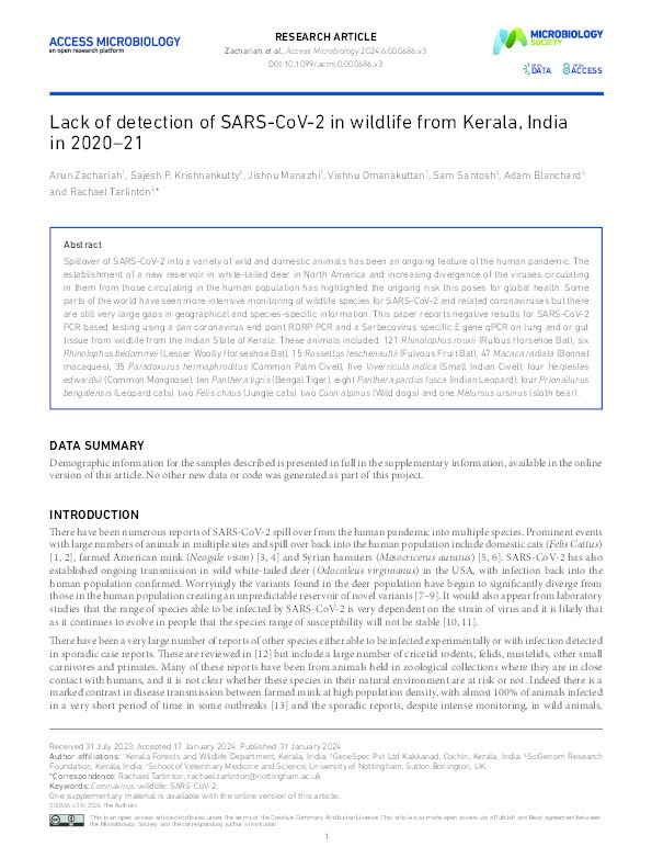 Lack of detection of SARS-CoV-2 in wildlife from Kerala, India in 2020–21 Thumbnail