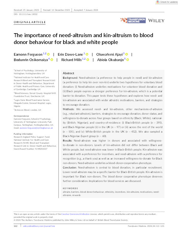 The importance of need‐altruism and kin‐altruism to blood donor behaviour for black and white people Thumbnail