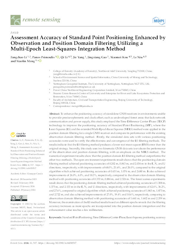 Assessment Accuracy of Standard Point Positioning Enhanced by Observation and Position Domain Filtering Utilizing a Multi-Epoch Least-Squares Integration Method Thumbnail