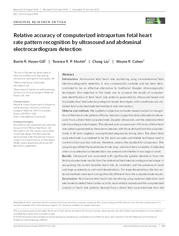 Relative accuracy of computerized intrapartum fetal heart rate pattern recognition by ultrasound and abdominal electrocardiogram detection Thumbnail