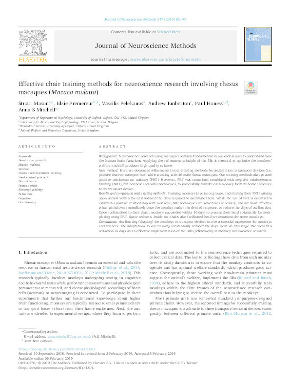 Effective chair training methods for neuroscience research involving rhesus macaques (Macaca mulatta) Thumbnail