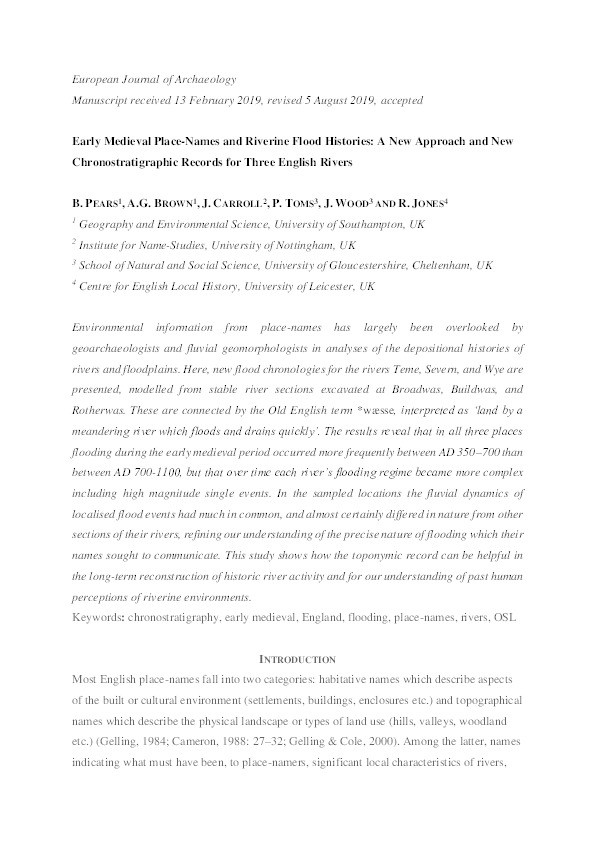 Early Medieval Place-Names and Riverine Flood Histories: A New Approach and New Chronostratigraphic Records for Three English Rivers Thumbnail