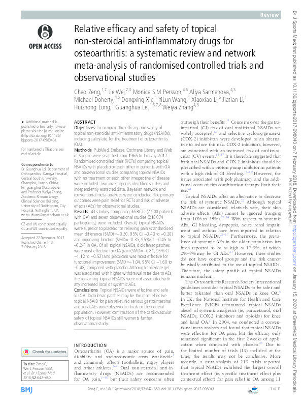 Relative efficacy and safety of topical non-steroidal anti-inflammatory drugs for osteoarthritis: a systematic review and network meta-analysis of randomised controlled trials and observational studies Thumbnail