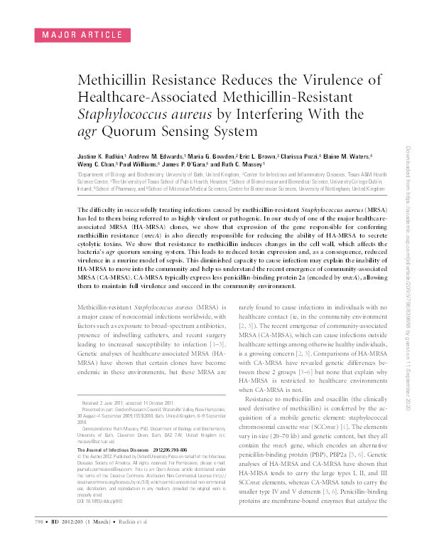 Methicillin resistance reduces the virulence of healthcare-associated methicillin-resistant staphylococcus aureus by interfering with the agr quorum sensing system Thumbnail