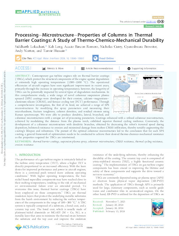 Processing-Microstructure-Properties of Columns in Thermal Barrier Coatings: A Study of Thermo-Chemico-Mechanical Durability Thumbnail