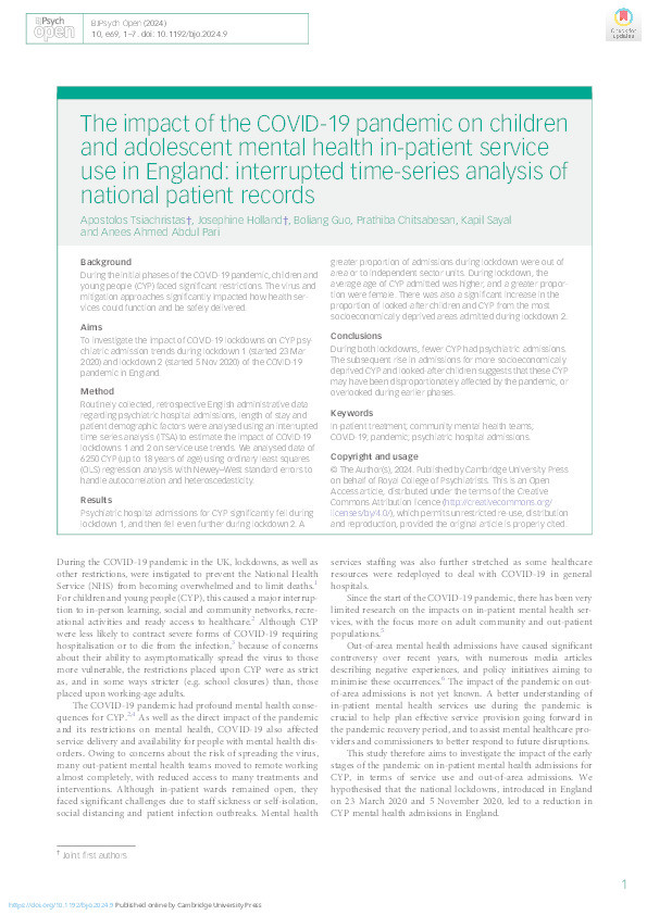 The impact of the COVID-19 pandemic on children and adolescent mental health inpatient service use in England: An interrupted time-series analysis of national patient records Thumbnail