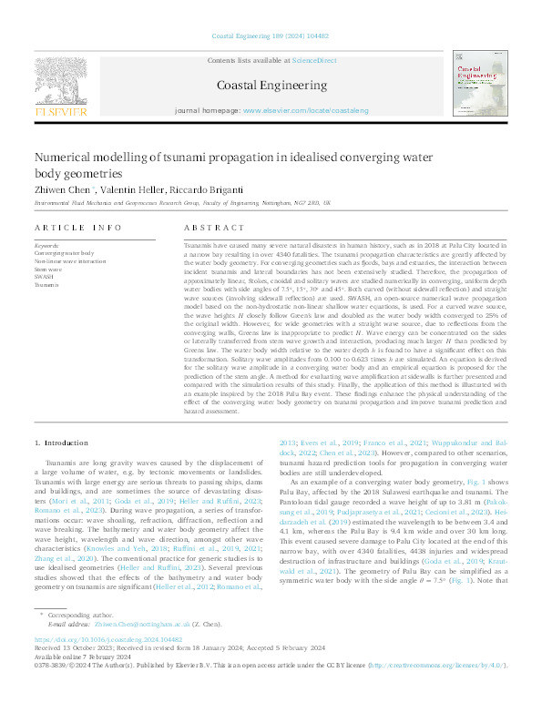 Numerical modelling of tsunami propagation in idealised converging water body geometries Thumbnail