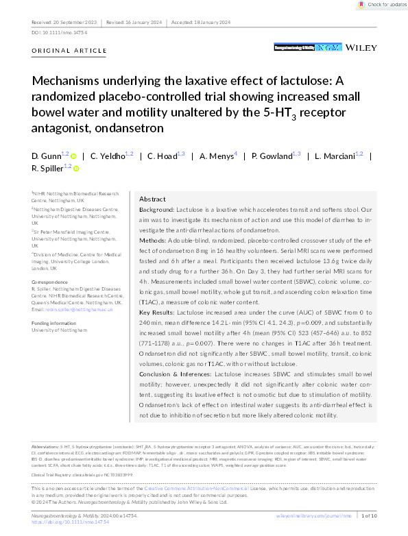 Mechanisms underlying the laxative effect of lactulose: A randomized placebo‐controlled trial showing increased small bowel water and motility unaltered by the 5‐HT3 receptor antagonist, ondansetron Thumbnail
